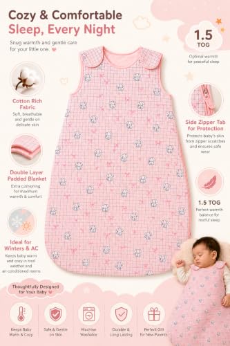 Image of TuddyBuddy Baby Cotton Wearable Quilted Sleeping Bag Blanket 1.5 Tog with 1 Way Zipper Closure | Ideal for Babies & Kids Hypoallergenic Fabrics | (Checkered Puppy - Pink, 12-18 Months)