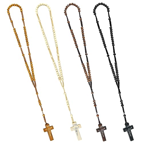SHAOQINLIN 12 Pcs Wooden Beads Rosary Handmade Rosaries 4 Color Wood Rosary Beads Christ Jesus Imprint Cross Religious Accessories Christian Prayer Gift