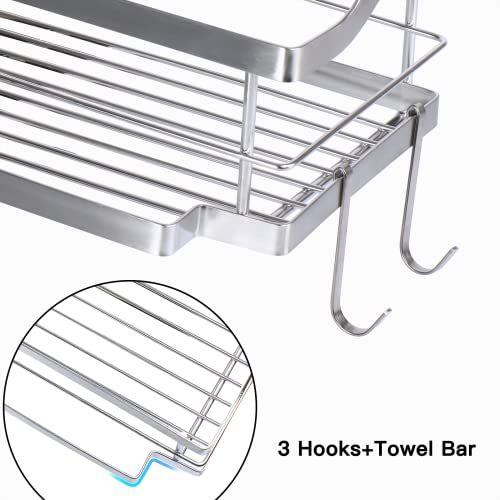 Sinminou Adhesive Shower Caddy With 5 Hooks & 2 Tower Hanger, Rustproof Sus304 Stainless Steel Shower Shelf Basket, Wall Mounted No Drilling Shower Organizer Shampoo Holder- 2 Pack (Silver) #TOP4