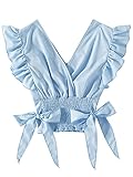 LYANER Women's V Neck Ruffle Cap Sleeve Shirred Hem Blouse Crop Tank Top Sky Blue Small