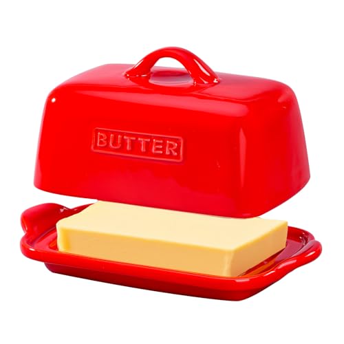 Large Porcelain Butter Dish Fits 250g/227g Butter Blocks, Plus Even a Full 500g Block Without Cutting, Butter Container for Countertop, Butter Storage, ADIVEE, AU (Color: Red)