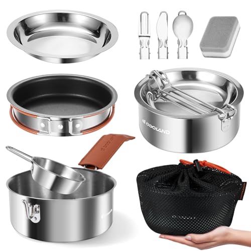Odoland 10pcs Camping Cookware Mess Kit, 304 Stainless Steel Lightweight Cooking Set with Plate Bowl Forks Knives Spoons - Perfect for Backpacking, Ca