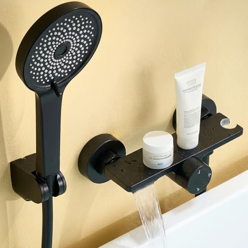Auralum Badewannenarmatur mit Duschbrause Duscharmatur Komplettset mit Ablage Wasserfall Duscharmaturen Edelstahl Schlauch und Wand Halterung Messing Mischbatterie mit Handbrause für Bad schwarz