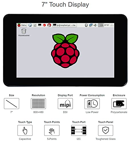 Image of waveshare 7inch DSI LCD with Case for Raspberry Pi 4 Model B, 800x480 TFT Capacitive Touchscreen Monitor Support Ubuntu /Kali / WIN10 IoT
