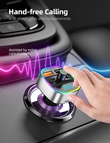 Nulaxy Bluetooth Fm Transmitter For Car,Bluetooth Car Adapter With Dual Usb Charging Car Charger Mp3 Player Support Tf Card & Usb Disk,Hands Free Calling,7 Colors Led Backlit Light-Silver #TOP1