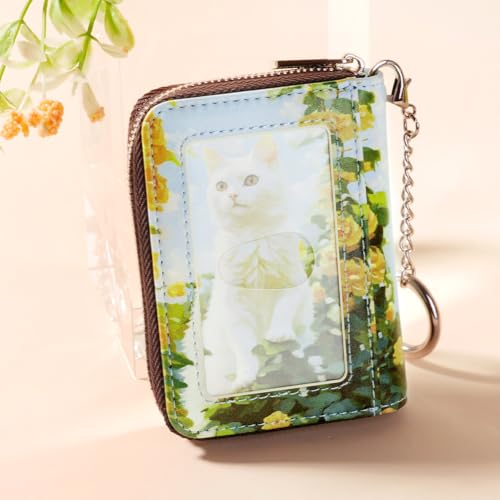 Image of FurArt Zipper Wallet Women, RFID Blocking Credit Card Wallet, Business Card Holder, Compact Size KeyChain Wallet, Roses and Cat, small