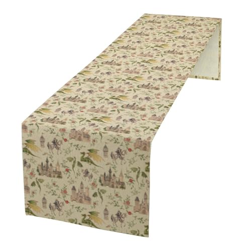 Dragon Table Runner, Mid Century Magical Castle Knights Beige Art Printed Runner for Home Kitchen Dining Table Living Room Decor Fabric 1 Panel W13xL60in