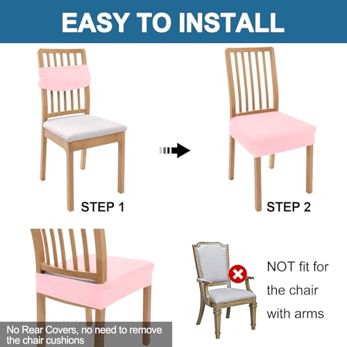 Image of Smiry Waterproof Seat Covers for Dining Room Chairs, No Rear Covers | Stretch Jacquard Removable Washable Chair Seat Slipcovers Protector, Set of 6, Blush Pink