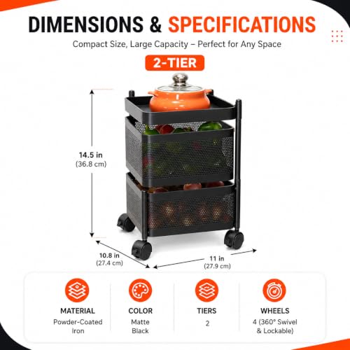 Image of Homeor 2 Layer Kitchen Trolley with Wheels | 360 Rotating Metal Storage Rack for Vegetables, Fruits, Onion & Spices | Square Multipurpose Kitchen Organizer Stand | Metal Kitchen Trolley, Matte Black