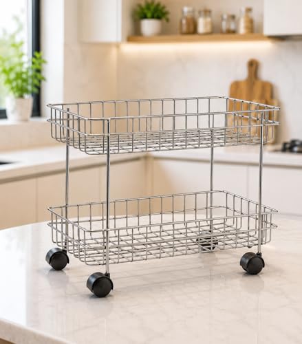 Image of Stainless Steel Kitchen Storage Trolley, 2 Layer, Folding Perforated Design, with Wheels, for Spice, Fruits and Vegetable Organiser (2 Tire Trolly)
