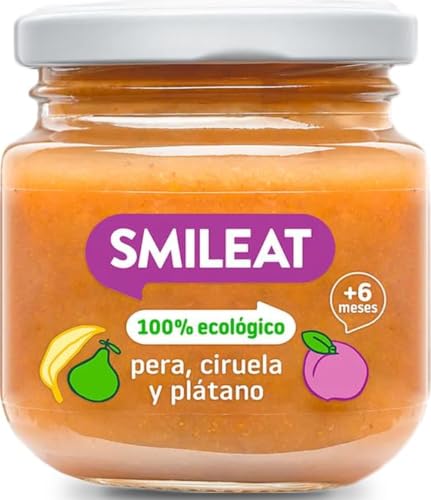 Smileat - Tarrito de Frutas Ecológicas con Pera, Ciruela y Plátano para peques +6 Meses - Sin Azúcar Añadido, Sin Sal, Sin Leche, Sin Huevos - 130g