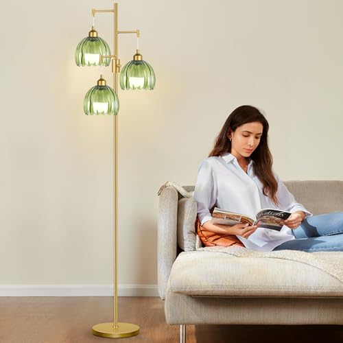 Image of ZECOXOL Dimmable Floor Lamps for Living Room-3 Light Gold Floor Lamp with Three Bulbs & Glass Lampshape, Mid Century Modern Standing Lamp Tree Tall Flower Floor Lamp for Bedroom Living Room,Corner