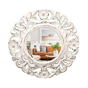 The Wooden Town 10 inch White Round Wall Mirror, Gorgeous Rustic Farmhouse Accent Mirror, Barn Wood Color Entry Mirror for Bathroom Renovation, Bedrooms, Living Rooms and More.