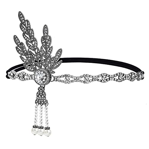 Daterkey Serre-tête style années 1920 avec cristaux et feuilles Gatsby pour bal masqué, coiffe de mariage pour femmes et filles (noir) Cover