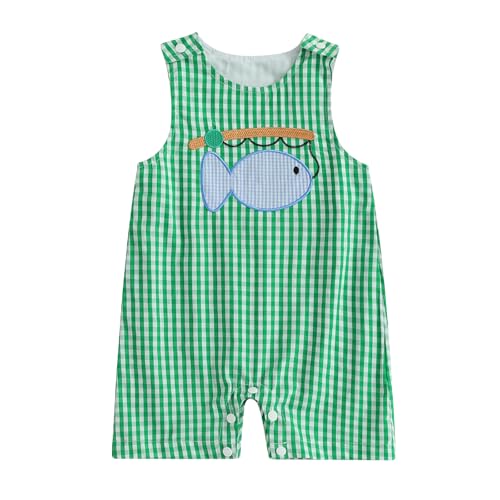 Newborn Baby Boy Fishing Outfit Fish Romper Sleeveless Overalls Plaid Shortalls Jumpsuit Infant Summer Clothes