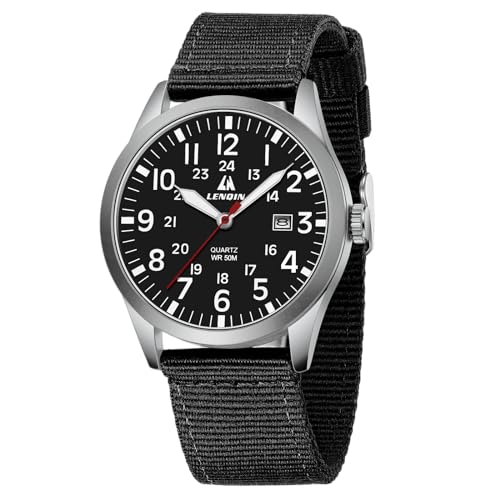 LN LENQIN Reloj Hombre Militar Relojes Analógicos Cuarzo para Hombres Reloj de Campo Luminoso Impermeables Deportivo Táctico Relojes de Pulsera con Fecha y Correa de Nailon (Black Silver Black)