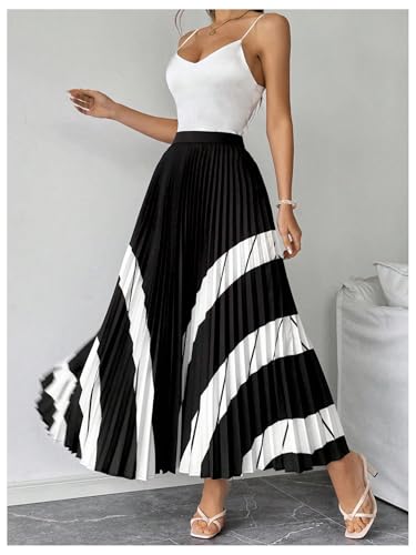 OYOANGLE Women's Elegant Color Block High Waist Pleated A Line Long Skirt Swing Flowy Work Skirts4
