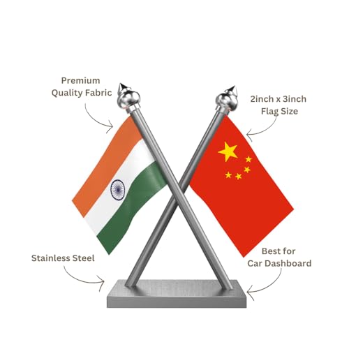 Image of The Flag Company India & China Car Dashboard Flag 2x3 Inch Premium Flags with Stainless Steel Pole & Base | Compact Dual Display for Car Interiors & Desks