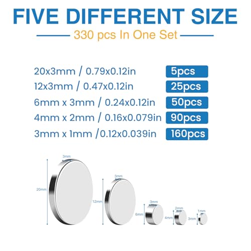 Image of TRYMAG 330Pcs Small Neodymium 5 Different Sizes Fridge Magnets for Crafts, Mini Rare Earth for Classroom, Tiny Circle Strong Round Magnets for Refrigerator, Whiteboard