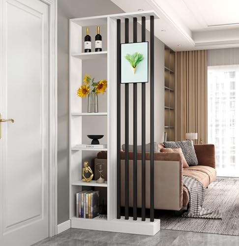 Wall Room Divider with Storage Shelves, Modern Freestanding Room Divider Screen, Open Room Wood Partition for Home & Office Decor (White + Black, 31.5
