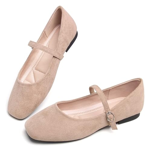 Image of TN TANGNEST Leather Flats for Women Retro Mary Jane Flats | Comfortable Square Toe Slip On Flats with Buckle Strap, Soft Work Flats Office Shoes