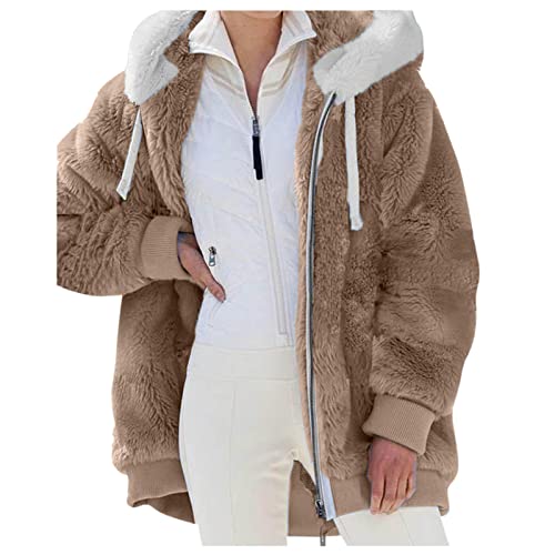 Winter Coats for Women Long Sleeve Fuzzy Fleece Zip Up Jacket Hooded Drawstring Warm Hoodies with Pockets
