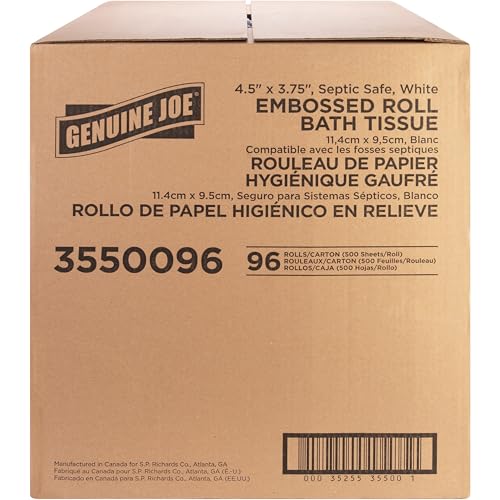 Image of Genuine Joe Embossed Bath Tissue, 2-Ply, Septic Safe, Individually Wrapped, 4.5 inch x 3.75 inch, 500 Sheets /Roll, 96 Count