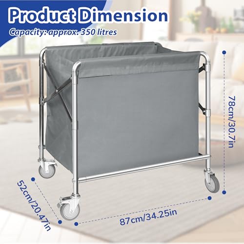 Suuiwau Laundry basket with wheels Stainless steel Laundry trolley Commercial laundry organiser Folding Laundry basket on wheels with a load capacity of 100 kg for home, hotel, 87 x 52 x 78 cm - Image 2