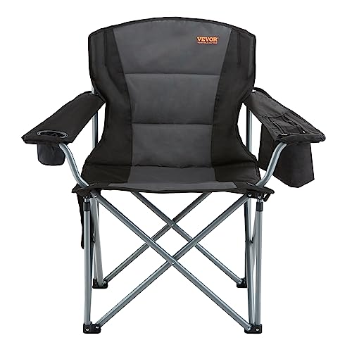 Image of VEVOR Oversized Camping Folding Chair, Portable Heavy Duty Outdoor Quad Lumbar Back Padded with Side Pockets, Cup Holder and Cooler Bag for Beach, Lawn, Picnic, Fishing, Backpacking, Black