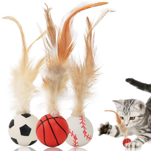 MeowAroma Bouncy Balls for Cats 3 Pcs Interactive Cat Toys with Feathers for Indoor Cats and Playful Kittens Rubber Kitten Ball Toy for Interactive Playing Chase Training & Hunting Exercise