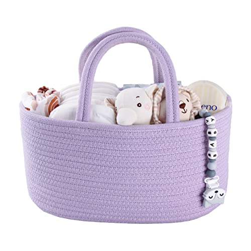 Image of Baby Diaper Caddy Organizer Cotton Rope Nursery Storage Bin Basket Portable Holder Tote Bag for Changing Table Car Travel Baby Shower Gifts Newborn Essentials Registry Must Have Purple or Lavender