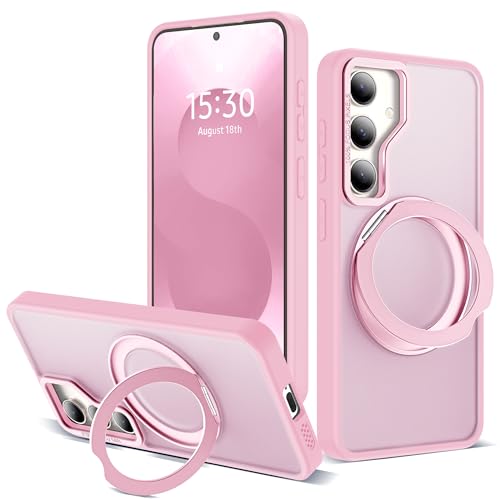Image of for Samsung Galaxy S25 Plus Case with 360Rotatable Magnetic Ring Stand Compatible with Mag-Safe Military Protection Shockproof Matte Translucent Phone Cases for Galaxy S25+,Pink
