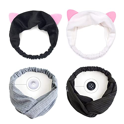2 Pcs Cute Cat Ears Fashion Headbands for Women 2 Pcs Comfortable Elastic Headbands with Buttons Non Slip Elastic Hair Bands, for Washing Face, Shower, Bath