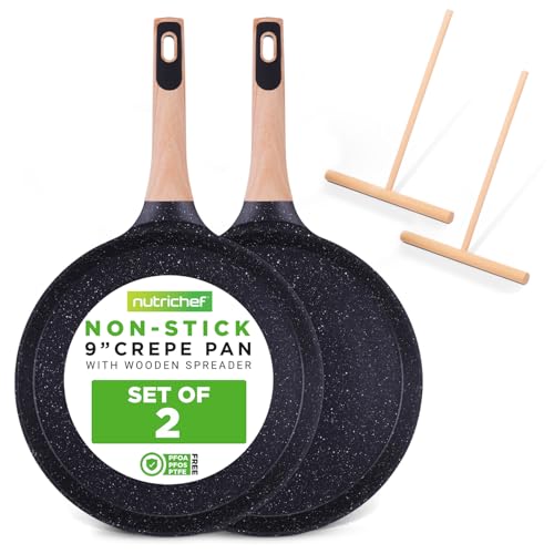 Image of Nutrichef 2-Pack Non-Stick Crepe Pan Set, 9.4" Marble Coated Dosa Pans with Wooden Spreaders, Bakelite and Wood Handles, Induction-Compatible, Dishwasher Safe, Even Heat Distribution, Black Marble