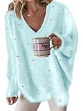  ORANDESIGNE Pull Femme Chic et Elegant Hiver Sweat Dentelle Col en V Manche Longue Couleur Unie Chandail Polaire Sweatshirt Décontracté Pulls K Bleu L