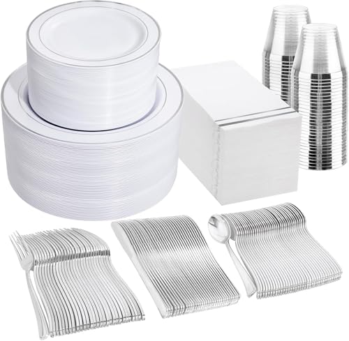 GATHER 700PCS Silver Plastic Plates - Silver Disposable Dinnerware Sets 100 Guest Include 200 Plates 300 Silverware 100 Napkins 100 Cups For Wedding & Party