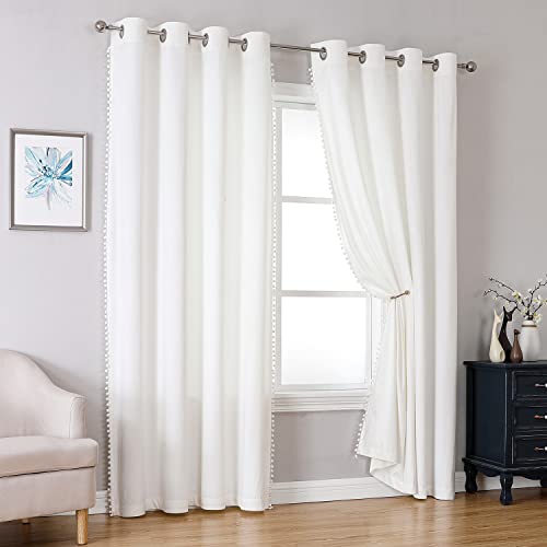 Miss Selectex White Velvet Curtains For Living Room - Pom Pom Tasseled Room Darkening Drapes 84 Inch Length Light Blocking Soft Luxury Grommet Privacy Window Curtain Panels For Bedroom, 52X84,White #TOP6
