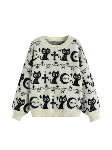 Image of WDIRARA Women's Goth Cartoon Pattern Sweater Knit Pullover Top | Long Sleeve, Crewneck