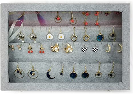 Image of Velvet Jewelry Drawer Organizer Tray Stackable Jewelry Tray for Drawer and Storage Display Rings and All Other Jewellery Needs (Earring Box Grey, Grey)