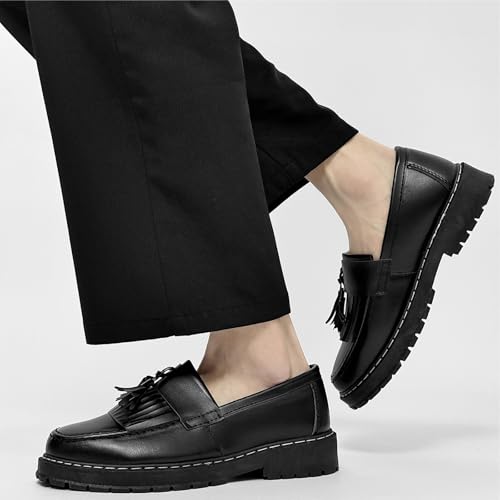 Men's Leather Platform Slip-On Tassel Loafers Fashion Non-Slip Low Top Round Toe Lug Sole Dress Shoes for Business Prom Party Penny Shoes3