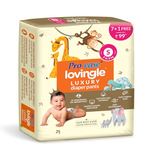 Image of Pro-ease Lovingle Luxury Wrapper Baby Diaper|Pant Style Diaper For Baby| S Size|2X Preference On Absorption*IAdvanced Leakage Protection|Wetness Indicator|Rash Free Diaper|5-8 Kg|8(7+1 Free) Piece