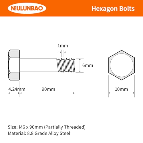 Image of M6-1.0 x 90mm Heavy Duty Hexagon Bolts Hex Head Screws, 8.8 Grade Alloy Steel, Black Oxide Finish, Metric Machine Partially Threaded, 10PCS