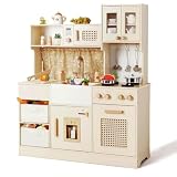 labebe Play Kitchen for Toddlers Wooden Kids Play Kitchen Toy Playset with Storage Boxes Stove Sink and Realistic Food & Cookware Accessories Modern Pretend Play Kitchen Gift for Age 3+ Girls Boys