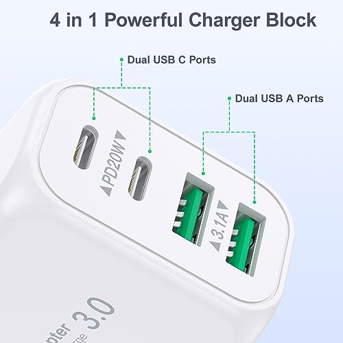 USB C Wall Charger, 40W 4-Port USB C Charger Block, Fast Charging Block Dual Port PD+QC Power Adapter Type C for iPhone 15/14/13/12/11/Pro Max/XS/XR/8, iPad, Samsung Phone, Tablet, with 6FT C-C Cable