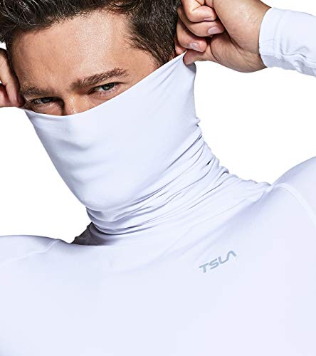 Tsla Men's Upf 50+ Mock Long Sleeve Compression Shirts, Athletic Workout Shirt, Water Sports Rash Guard, Athletic Face Cover White, X-Large #TOP2