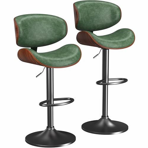Image of YaFiti Bar Stools Set of 2, Bar Stools for Kitchen Island with Bentwood Back and Leather Seat, Green