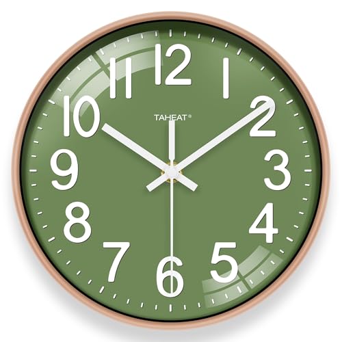 TAHEAT Reloj de Pared Moderno, 25 cm, Color Verde y Dorado, silencioso, analógico, Funciona con Pilas, Reloj de Pared de Cuarzo para salón, Dormitorio, Cuarto de baño, Cocina