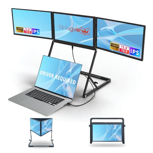 Nolagvievv Laptop Triple Screen Extender, 15.6" Freestanding Triple Portable Monitor for Laptop, 1080P FHD IPS, 1 USB-C Connection for 4 Screens, Foldable Triple Screen for Work & Travel