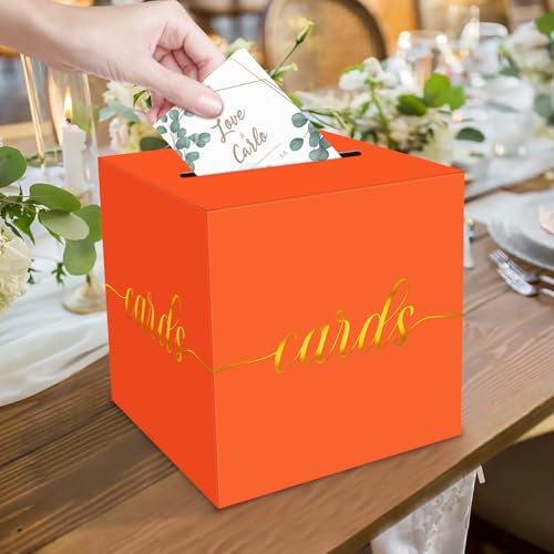 Image of 1 Pack Orange and Gold Foil Card Box for Party, 8.7 inch Orange Gift Card Box for Birthday, Wedding, Baby Shower, Retirement, Anniversary, Graduation, Raffle Ticket, Halloween, Thanksgiving