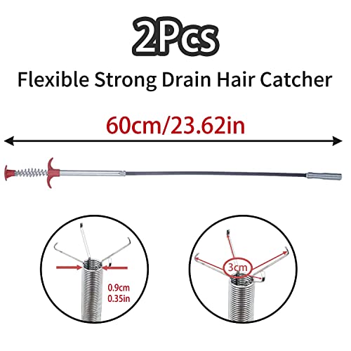 2er-Pack Flexibler starker Abflussreiniger, 60 cm Abflussreiniger, Abfluss, Schlangengreifer, Federabfluss, Haarentferner, Werkzeug für Küchenspüle, Badezimmer, Badewanne, WC-Abläufe (grau)
